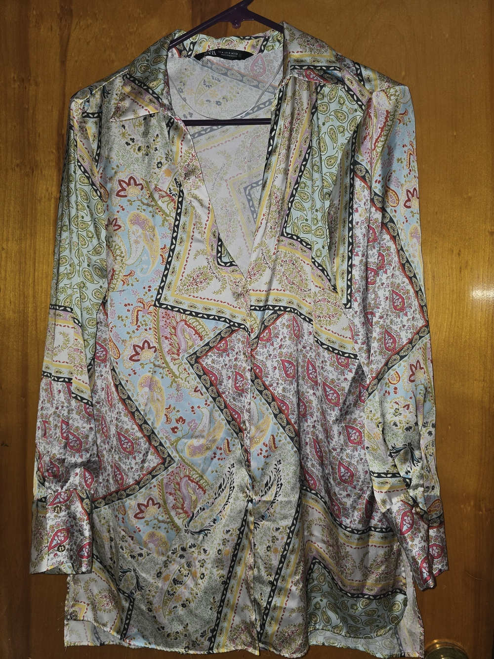 Zara Moroccan Pastel Paisley Satin Blouse with Bandana Motif